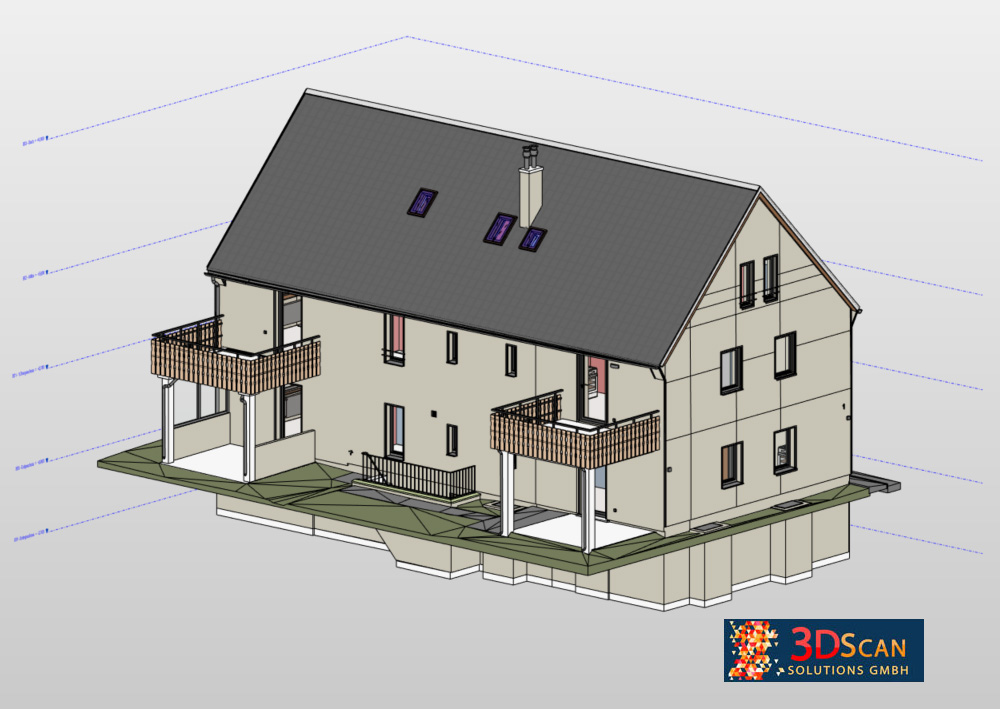 Bild zeigt Digitalisierung einer Wohnanlage durch 3DScan Solutions mit Trimble TX8 und TX12 Laserscanner.